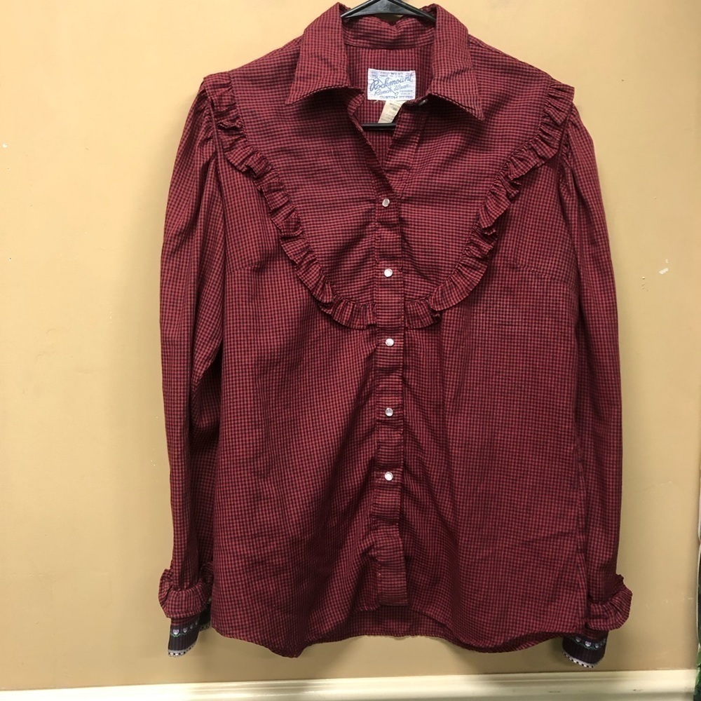 Rockmount Ranch Wear Womens Western Rodeo Shirt Red Black Plaid Ruffle Front